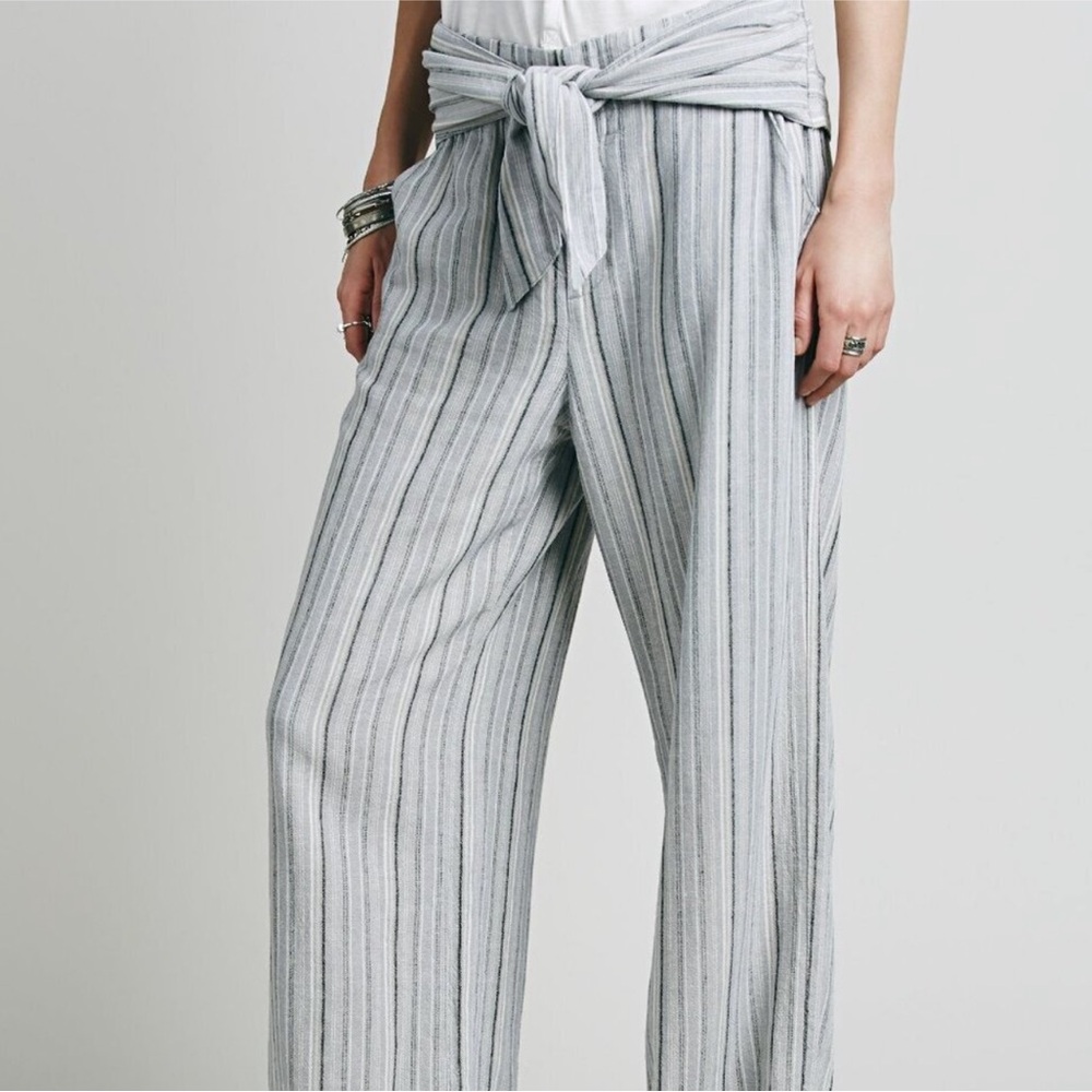 Free People Linen Tie Waist Wide Leg Striped Pants 12